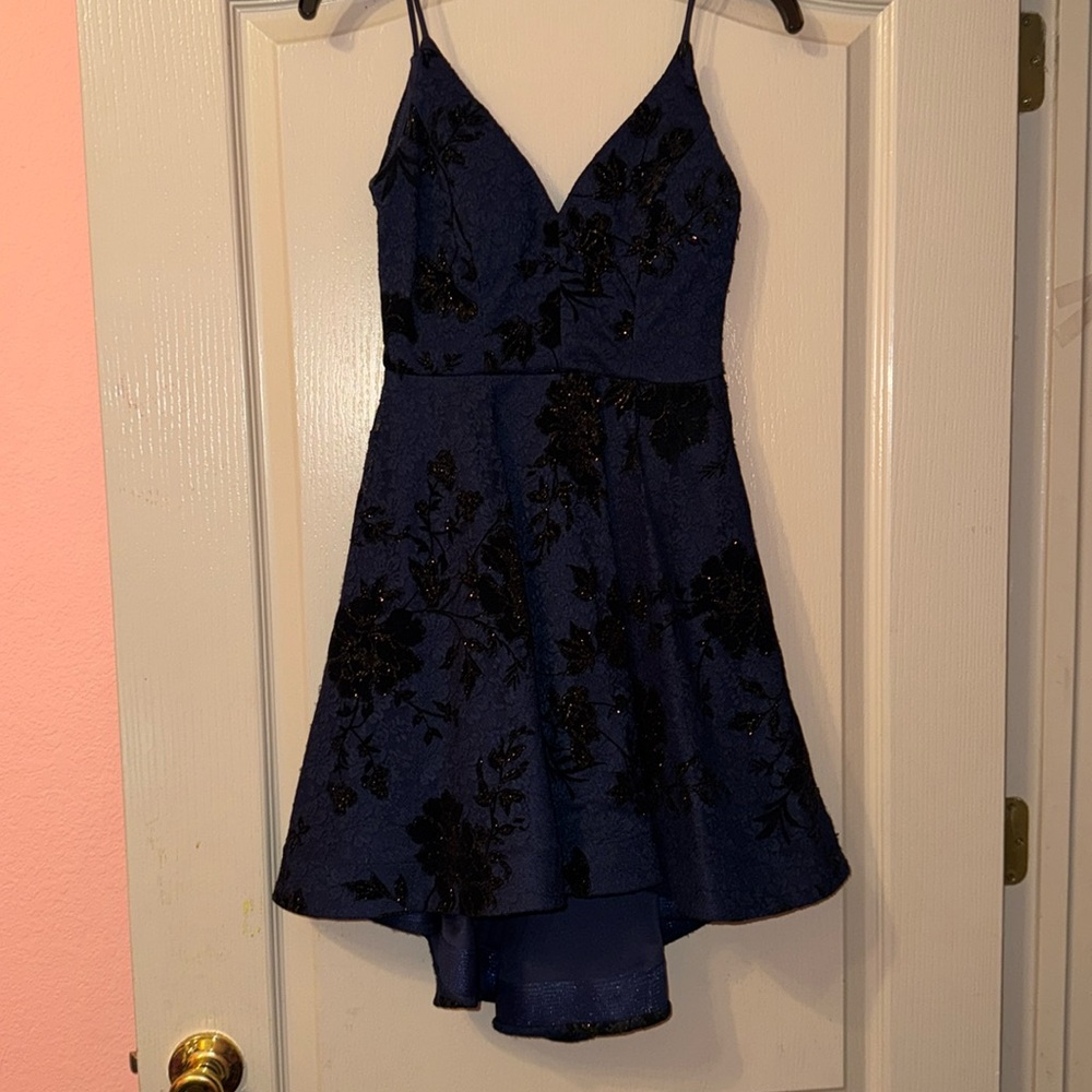 Elegant Navy Blue Floral hi-lo Dress